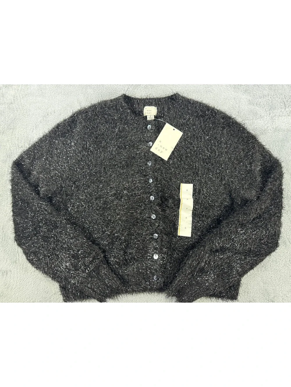 A New Day Cardigan Sweater Womens Sz Small Black Fuzzy Metallic Button Front Top